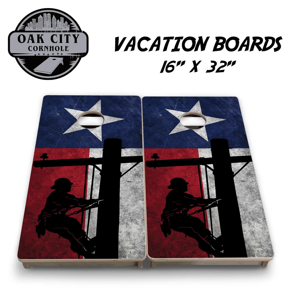 Rodeo & Powerlines Texas Lineman Cornhole Boards from Oak City Cornhole, showcasing a high-resolution image of a Texas lineman in a rodeo setting.