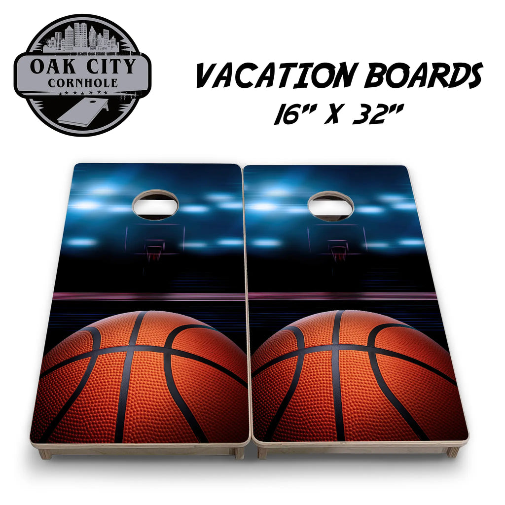 High-quality cornhole boards featuring a dynamic basketball slam dunk design, perfect for tournaments and backyard fun.