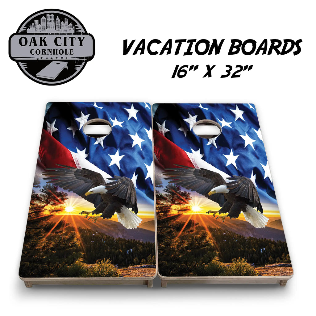 Stars, Stripes and Soaring Eagle Cornhole Boards from Oak City Cornhole. Featuring a patriotic design with a soaring eagle and American flag elements, perfect for cornhole enthusiasts.