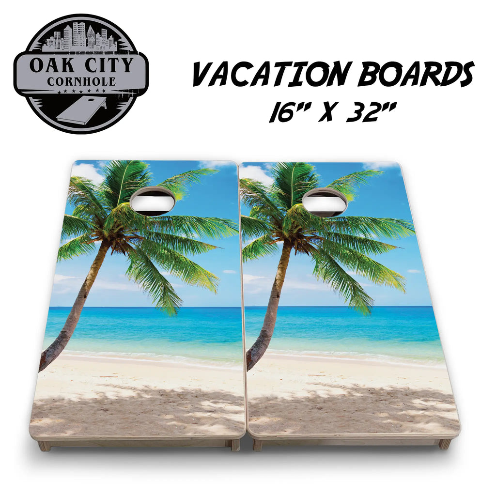 Premium handcrafted Tropical Beach Cornhole Boards from Oak City Cornhole, featuring a vibrant beach design. Ideal for backyard gatherings, tailgates, and competitive play.