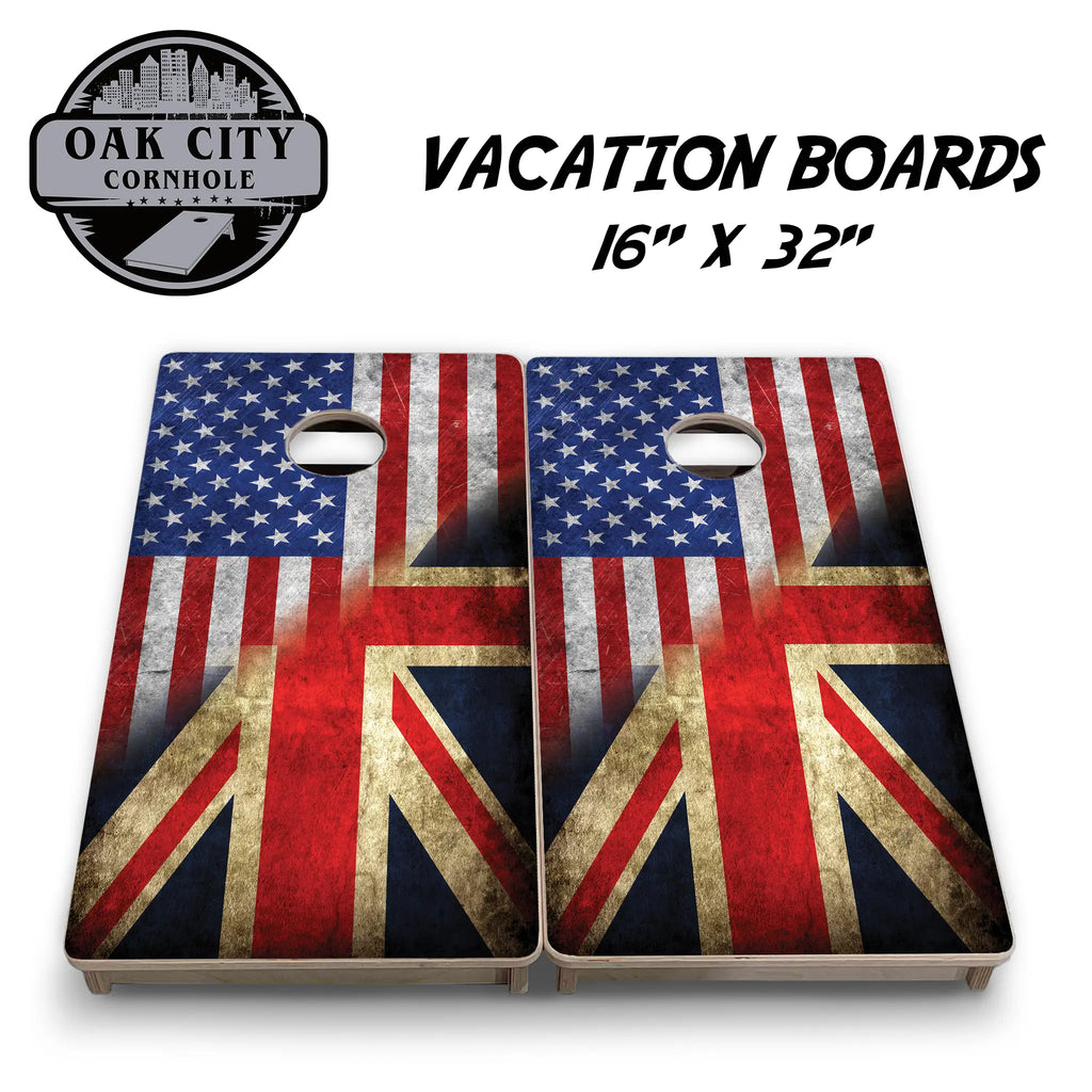 American & British Union Jack Flag Cornhole Boards featuring a design split between the American flag and the Union Jack flag, showcasing a unique blend of patriotic symbols from the USA and the UK on a 24x48 cornhole board set.