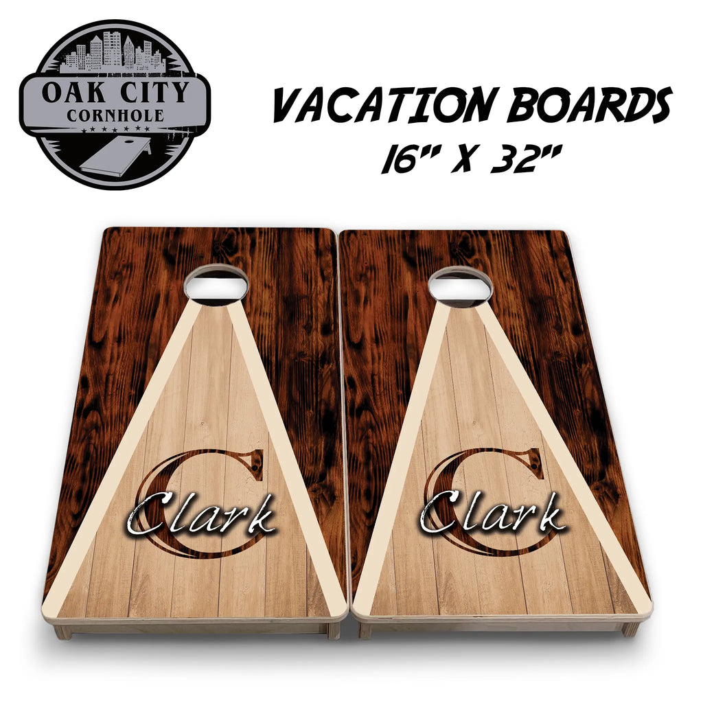 Premium handcrafted 24x48 cornhole boards with a wood burned letter design from Oak City Cornhole, showcasing exceptional craftsmanship and a smooth playing surface