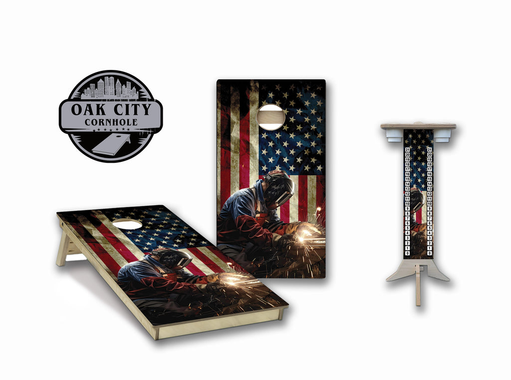 Welder with American Flag Background Regulation Cornhole Boards - Oak City Cornhole