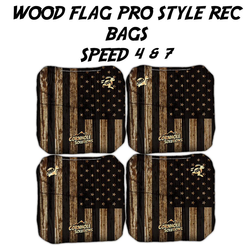 Wood flag Pro Style Rec Cornhole Bags from Oak City Cornhole, featuring a rustic American flag design on high-quality, dual-sided bags with Speed 4 for control and Speed 7 for slide, perfect for all skill levels.