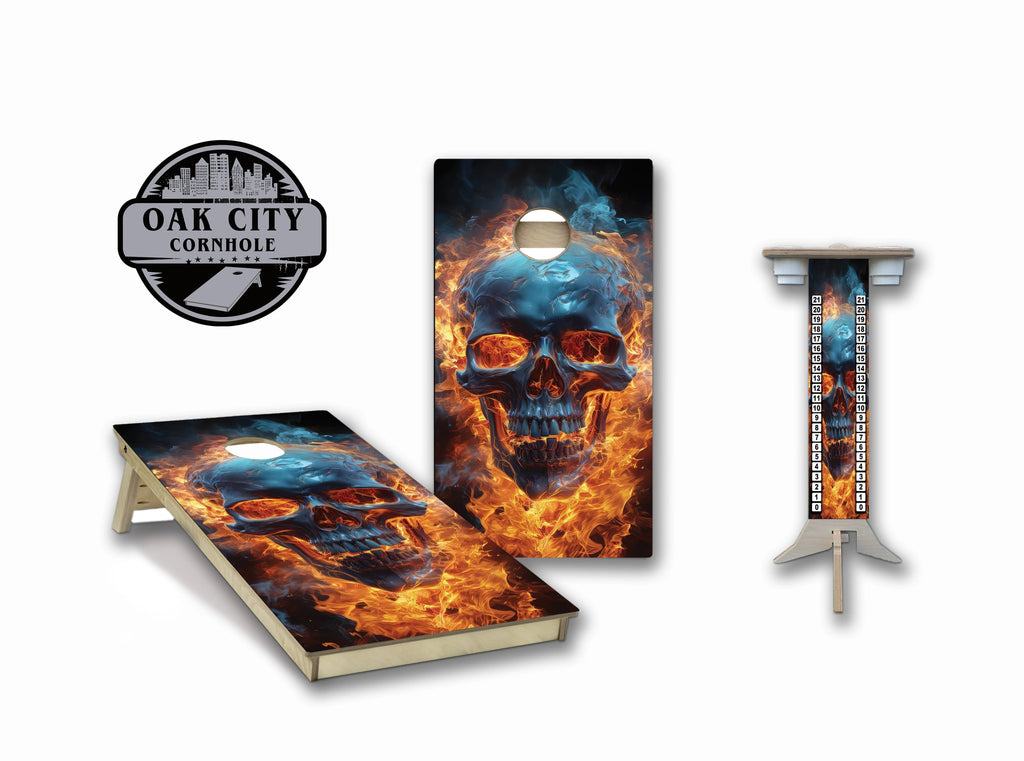 Skull on Fire 1 Regulation Cornhole Boards - Oak City Cornhole